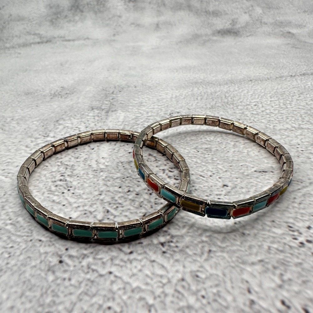 Set 2 Silver Tone Enamel Stretch Bracelets Turquoise Tone Colorful Boho Vintage